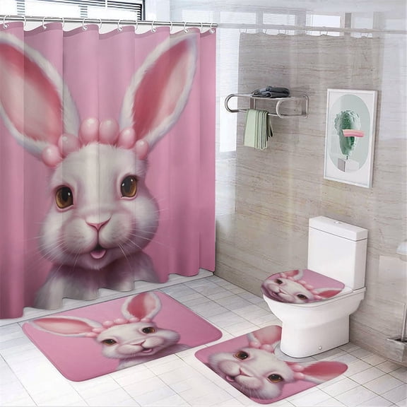 Shower Curtain Sets 4 Piece Happy Easter Bunny Pink with Non-Slip Rugs Toilet Lid Cover And Bath Mat Farmhouse Welcome Easter Holiday Bathroom Decor Sets for Bathroom Decor Set 72inch X 72inch