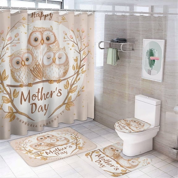 Shower Curtain Sets 4 Piece Happy Mother’s Day Happy Owls Rug Toilet Lid Cover And Non-Slip U Shape Mat Owl Gifts for Owl Lovers Farmhouse Bathroom Shower Set for Bathroom Decor Set 72inch X 72inch