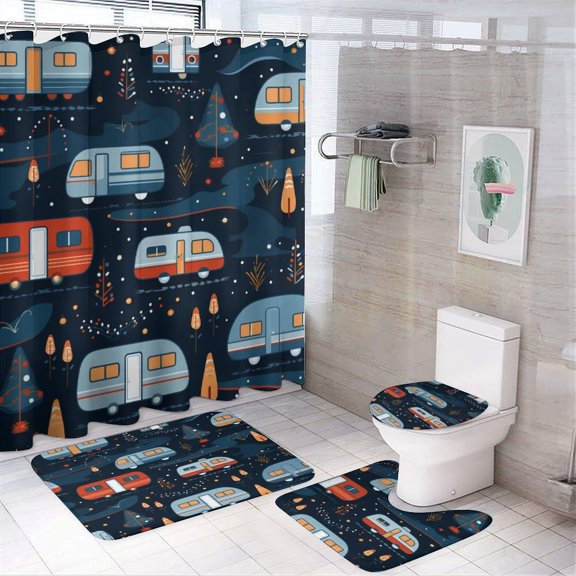 Shower Curtain Sets 4 Piece with Non-Slip Rugs Toilet Lid Cover And Bath Mat Happy Campers Waterproof Durable Bathroom Decor Shower Camping Adventure Theme for Bathroom Decor Set
