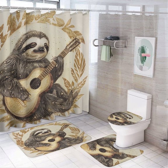 Shower Curtain Sets 4 Piece Non-Slip Rugs And Toilet Mat Lid Rug Accessories A Cute Sloth Playing The Guitar Waterproof Personality Pattern Bath Curtain Abstract Sloth for Bathroom Decor Set