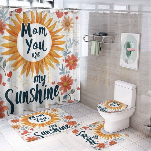 Shower Curtain Sets 4 Piece Non-Slip Rugs And Toilet Mat Lid Rug Accessories Mother's Day Quotes Waterproof Fabric Bath Curtains Best Mom with Quote for Bathroom Decor Sets