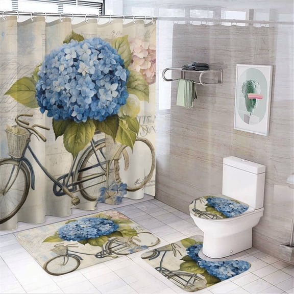 Shower Curtain Sets 4 Piece Rug Toilet Lid Cover And Non-Slip U Shape Mat Blue Bike Vintage Hydrangea Waterproof Durable Bathroom Decor Shower Watercolor Blue Bike Bicycle Flowers Butterflies