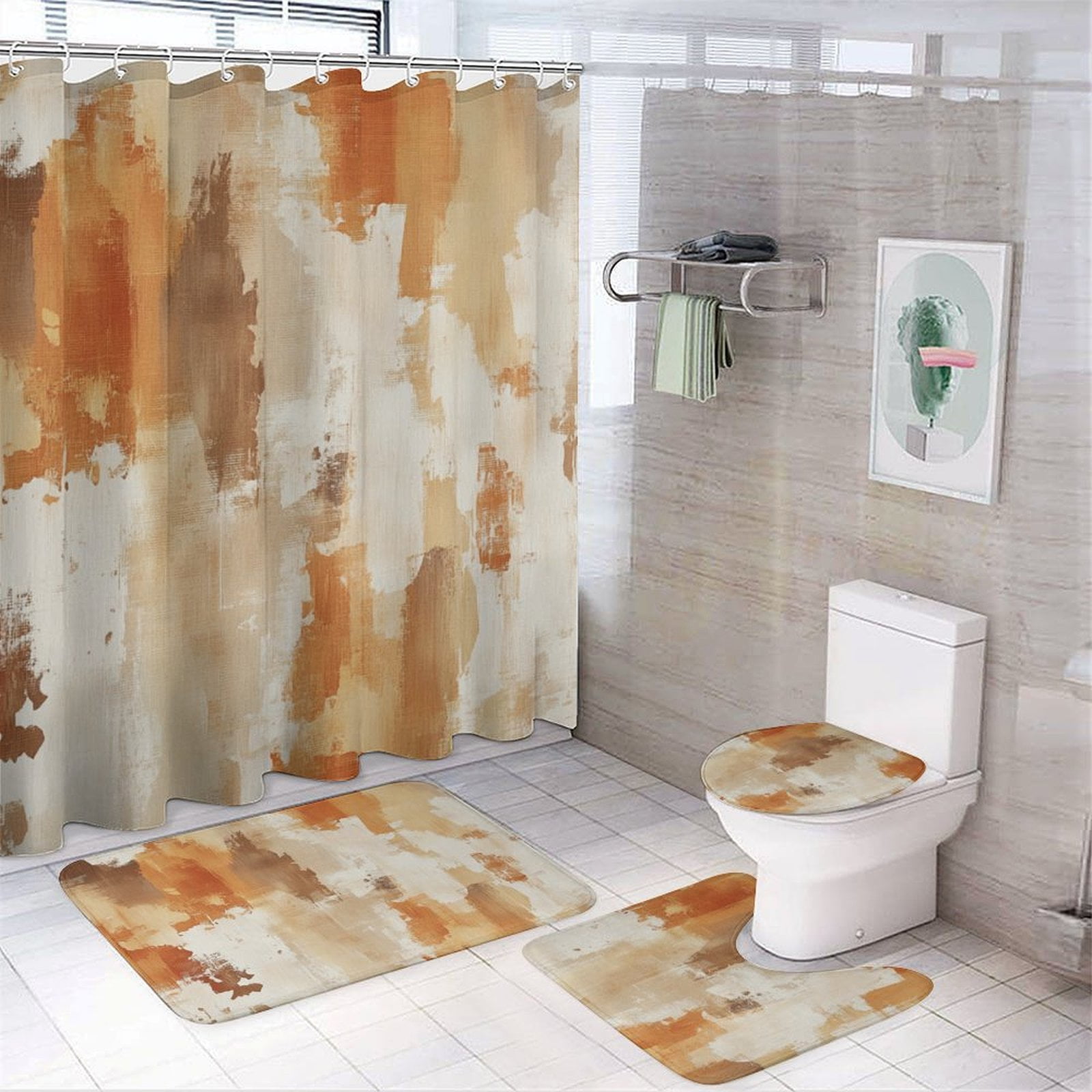 Shower Curtain Sets 4 Piece with Rugs Toilet Lid Cover and Bath Mat Orange And Grey Abstract Art Waterproof Personality Pattern Bath Curtains Burnt Orange Modern Abstract Art for Bathroom Decor Sets