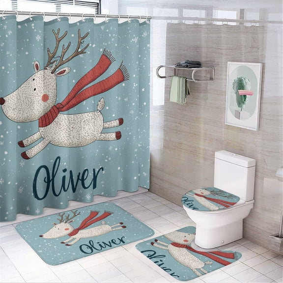 Shower Curtain Sets 4 Piece with Rugs Toilet Lid Cover And Bath Mat Personalised Flying Reindeer Waterproof Fabric Bath Curtain Custom Name And Year for Bathroom Decor