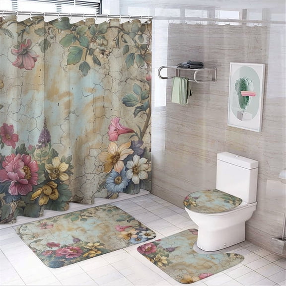 Shower Curtain Sets 4 Piece with Rugs Toilet Lid Cover And Bath Mat Vintage Elegant Rustic Floral Botanical French Waterproof Personality Pattern Bath Curtain Shabby Chic Farmhouse