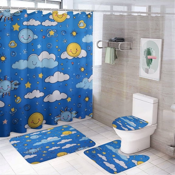 Shower Curtain Sets 4 Piece Shower Curtain And Rugs Shower Curtain Set Abstract Clouds And Weather Symbols Waterproof Shower Curtain Cartoon Rainbow Colorful Clouds for Bathroom Decor