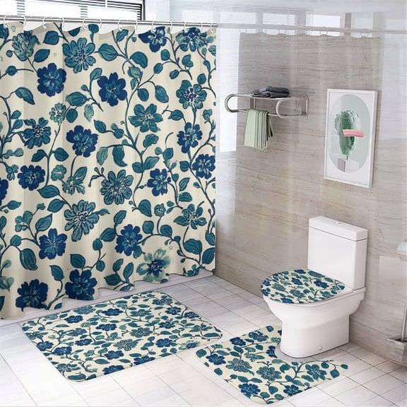 Shower Curtain Sets 4 Piece Shower Curtain And Rugs Shower Curtain Set Blue And Green Block Floral Waterproof Fabric Bath Curtains Boho Floral for Bathtub Decor