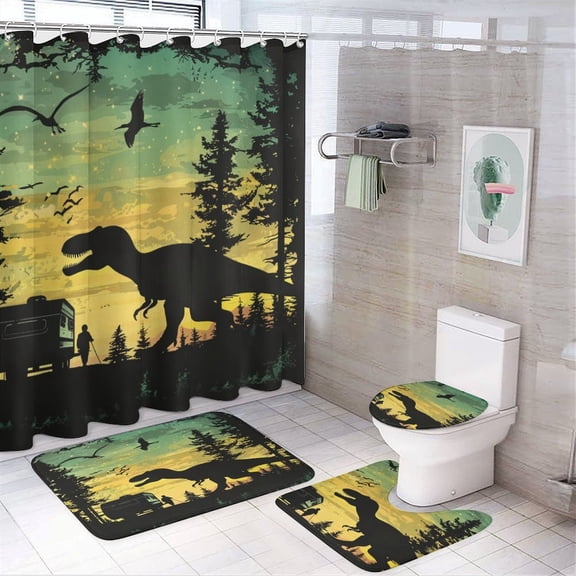 Shower Curtain Sets 4 Piece Shower Curtain And Rugs Shower Curtain Set Dinosaur Trailer Waterproof Durable Bathroom Decor Shower Camper Trailer Campfire for Bathtub Decor