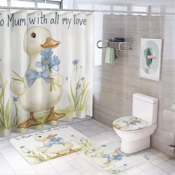 Shower Curtain Sets 4 Piece Shower Curtain Set with Rugs To Mum with Love Duck And Bluebell Waterproof Fabric Bath Curtains Gift for Mother Grandma Birthday for Bathroom Decor Sets
