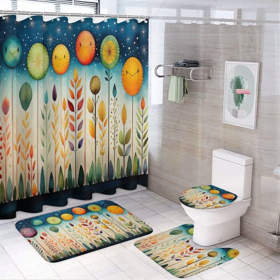 Shower Curtain Sets 4 Piece Watercolor Rainbows & Suns Print with Rugs Include Waterproof Shower Curtain Non-Slip Rug Toilet Lid Cover Bath Mat Colorful Floral Bathroom Decor Set with Accessories