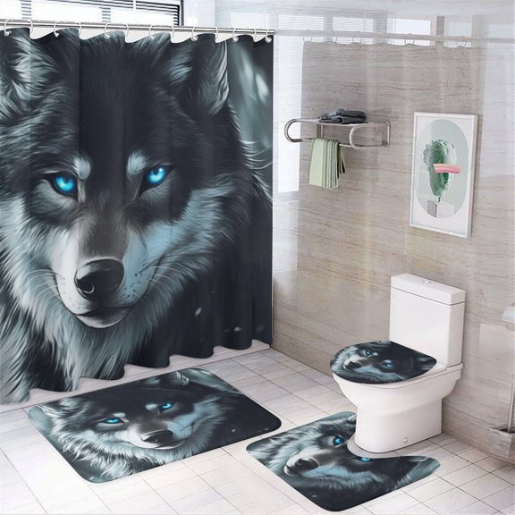 Shower Curtain Sets 4 Piece Wolf with Blue Eyes Non-Slip Rugs And Toilet Mat Lid Rug Accessories Wild Grey Wolf Blue Eyes Adventure Bathroom Decor Sets for Bathroom Decor Set 72inch X 72inch