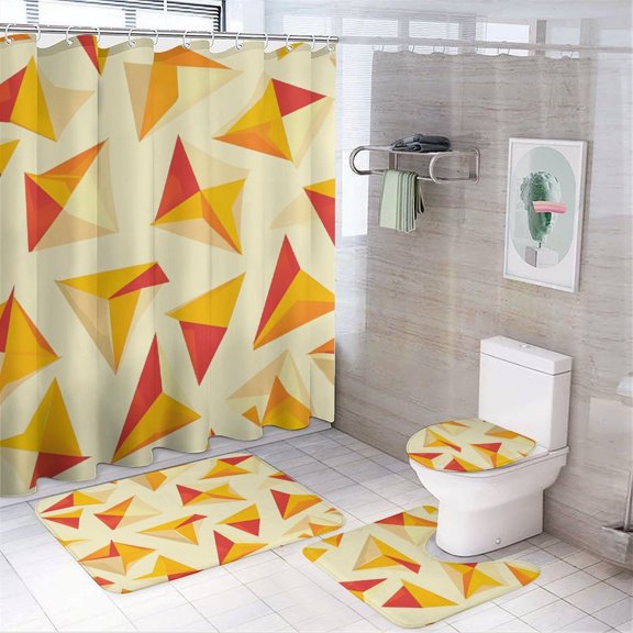 Shower Curtain Sets 4 Piece Yellow And Orange Triangles Geometric Shapes with Rugs Include Waterproof Shower Curtain Non-Slip Rug Toilet Lid Cover Bath Mat Symmetrical Triangle Design