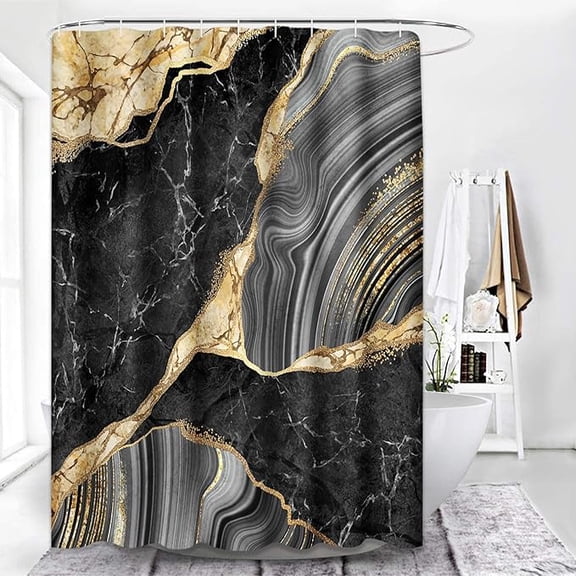 Shower Curtain Sets Bathroom With 12 Hooks, Black Gold Grey Marble Abstract, Bathing Decor White Gray Golden Agate Stone Modern Waterproof Polyester Fabric Curtain For Bathing 36"W x 72"L