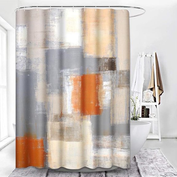 Shower Curtain Sets Bathroom With 12 Hooks, Grey Burnt Orange Modern Abstract, Bath Decor Gray Beige Brown Geometric Contemporary Waterproof Polyester Bathing Curtain 36"W x 72"L
