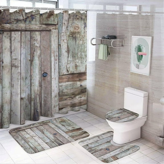 Shower Curtain Sets for Bathroom Sets, Wood and Fallen Leaves Pattern Printed on Shower Curtain Set with Rugs and Accessories, Suitable for Small Bathroom Gym Guest Bath, 72 x 72 inches