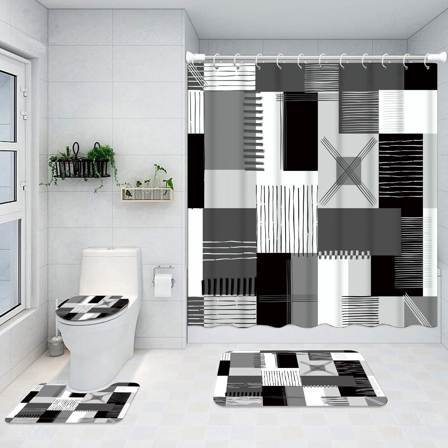 All Smiles 4-Piece Bathroom Sets Shower Curtain Set with Non-Slip Rug and Toilet Lid Cover,Black