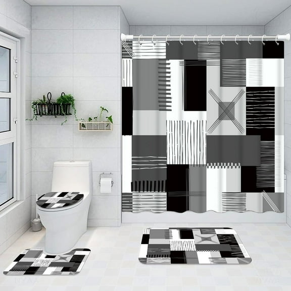 All Smiles Black Shower Curtain Sets Bathroom Sets with Shower Curtain and Rugs Accessories with Non-Slip Rugs Toilet Lid Cover and Bath Mat