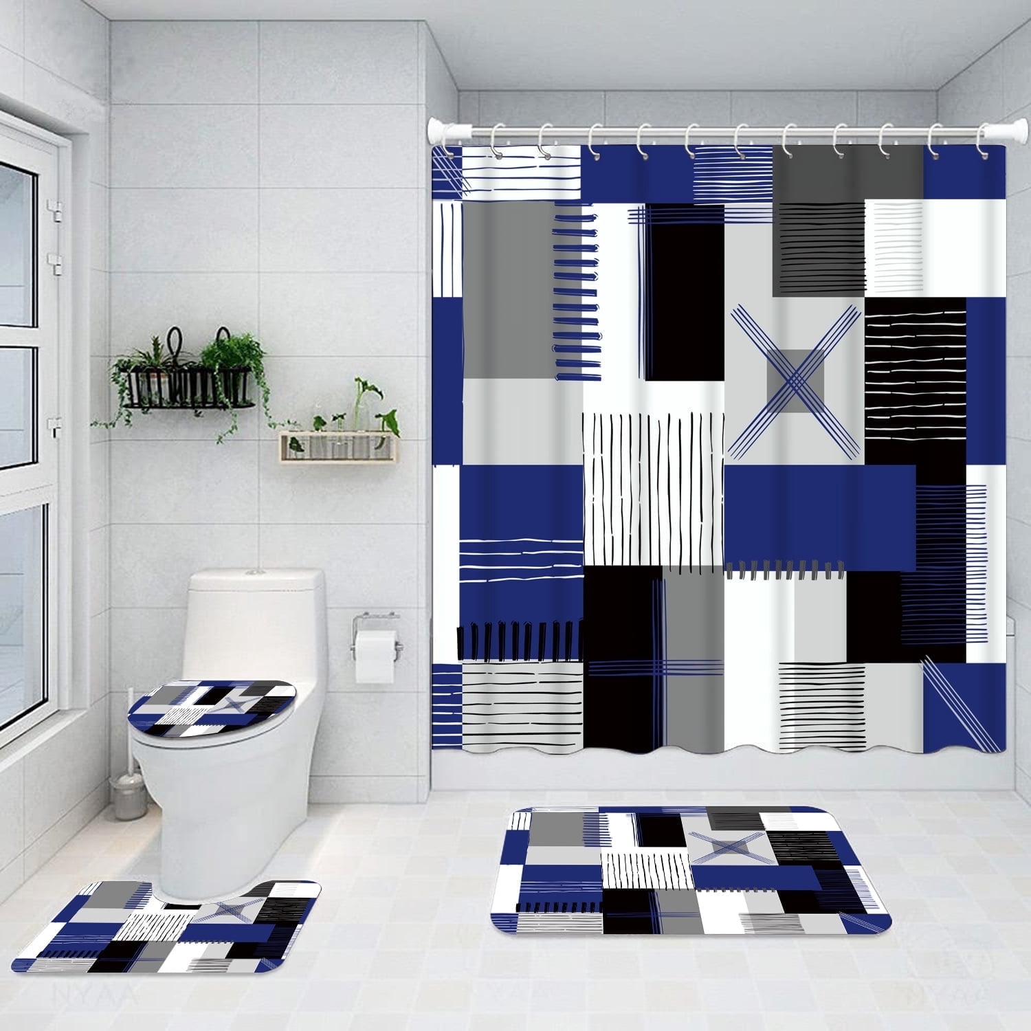 All Smiles 4-Piece Bathroom Sets Shower Curtain Set with Non-Slip Rug and Toilet Lid Cover,Blue