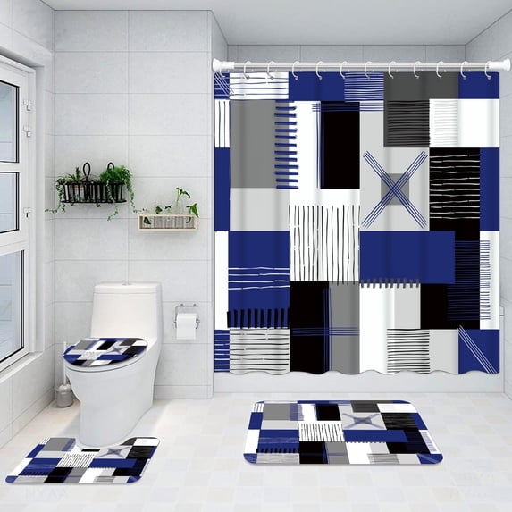 All Smiles 4-Piece Bathroom Sets Shower Curtain Set with Non-Slip Rug and Toilet Lid Cover,Blue