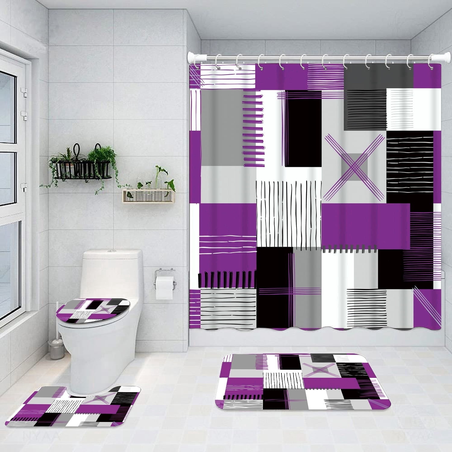 All Smiles 4-Piece Bathroom Sets Shower Curtain Set with Non-Slip Rug and Toilet Lid Cover,Purple