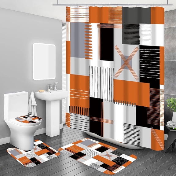 All Smiles Orange Shower Curtain Sets Bathroom Sets with Shower Curtain and Rugs Accessories with Non-Slip Rugs Toilet Lid Cover and Bath Mat