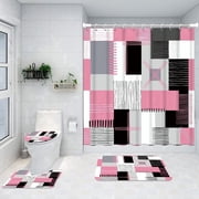 All Smiles 4-Piece Bathroom Sets Shower Curtain Set with Non-Slip Rug and Toilet Lid Cover,Pink