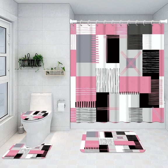 All Smiles Pink Shower Curtain Sets Bathroom Sets with Shower Curtain and Rugs Accessories with Non-Slip Rugs Toilet Lid Cover and Bath Mat