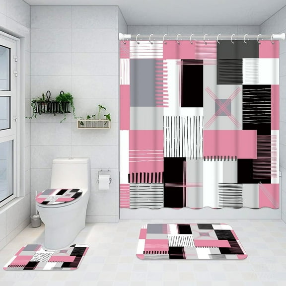 Shower Curtain Sets Bathroom Sets with Shower Curtain and Rugs Accessories with Non-Slip Rugs Toilet Lid Cover and Bath Mat,Pink