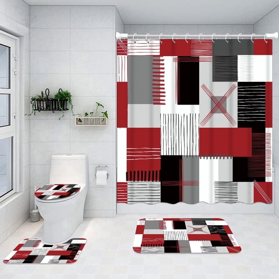All Smiles 4-Piece Bathroom Sets Shower Curtain Set with Non-Slip Rug and Toilet Lid Cover,Red