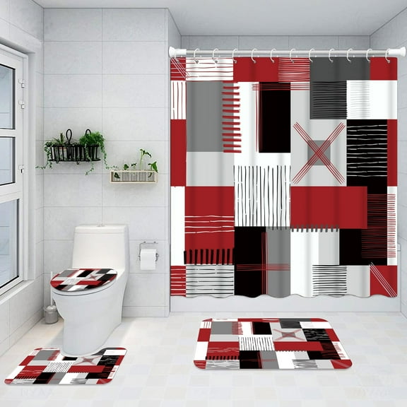 All Smiles Red Shower Curtain Sets Bathroom Sets with Shower Curtain and Rugs Accessories with Non-Slip Rugs Toilet Lid Cover and Bath Mat