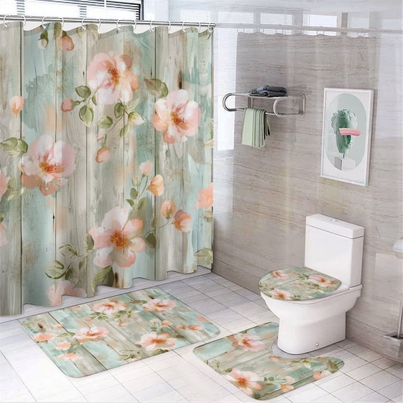 Shower Curtain Sets with Rugs 4 Piece Bath Mat U-Shaped Floor Mat Toilet Lid Oval Rug Rose Wood Texture Durable And Waterproof Retro Flower Peony Rose for Bathroom Decor Set