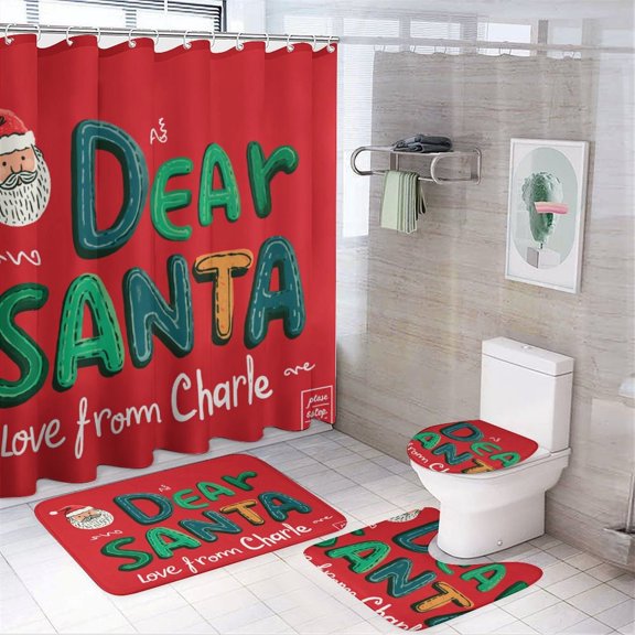 Shower Curtain Sets with Rugs 4 Piece Bathroom Decor Set with Non-Slip Rugs Toilet Lid Cover And Bath Mat Personalised Dear Santa Waterproof Shower Curtain Kids Custom Xmas for Bathroom Decor Set