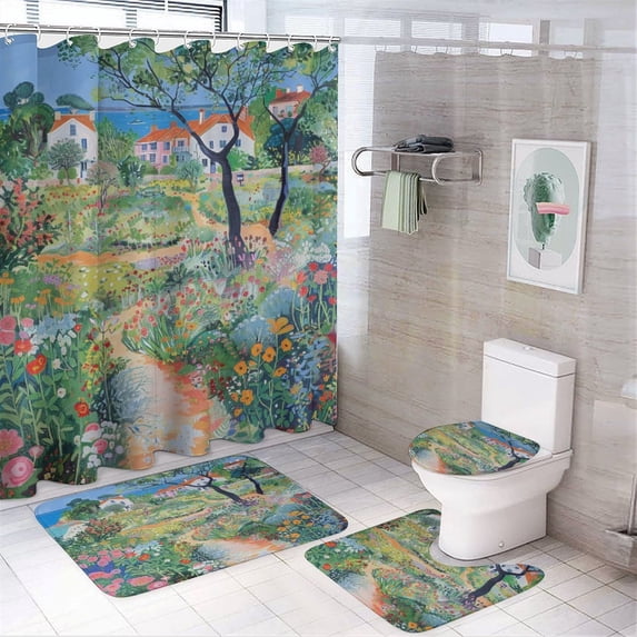 Shower Curtain Sets with Rugs 4 Piece Bathroom Decor Set with Non-Slip Rugs Toilet Lid Cover And Bath Mat Seaside Scenes Waterproof Shower Curtain Country Road Farm House for Bathtub Decor