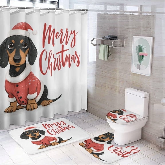 Shower Curtain Sets with Rugs 4 Piece Bathroom Sets with Curtain,Rug,Toilet Cover and U Shaped Mat Cute Christmas Dachshund in A Santa Claus Outfit Bathroom Decor Shower Kids Custom Xmas