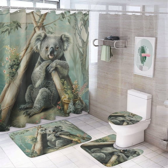 Shower Curtain Sets with Rugs 4 Piece Bathroom Sets with Curtain Rug Toilet Cover And U Shaped Mat Koala In Teepee Waterproof Personality Pattern Bath Curtain Custom Koala Bear for Bathroom Decor Set