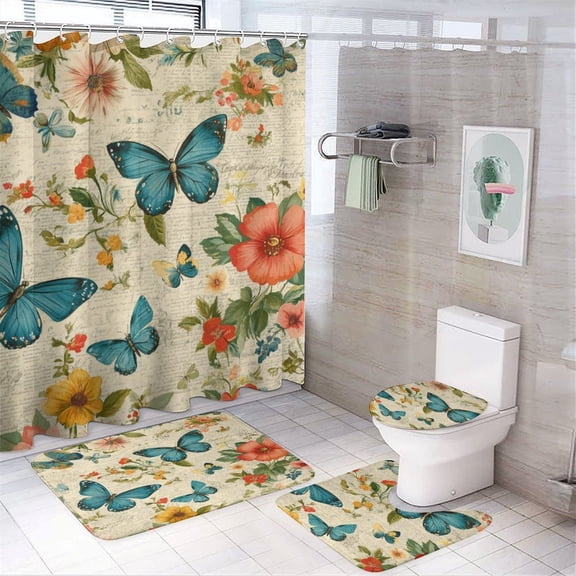 Shower Curtain Sets with Rugs 4 Piece Bathroom Sets with Shower Curtain And Rugs 4 Piece Flower with Vintage Butterfly Old Style Letter Bath Curtain Vintage Wild Flower Butterfly