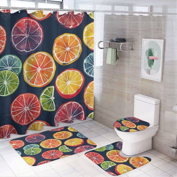 Shower Curtain Sets with Rugs 4 Piece Bathroom Sets with Shower Curtain And Rugs 4 Piece Oranges, Lemons, Limes Slice Durable And Waterproof Summer Fruits for Bathroom Decor