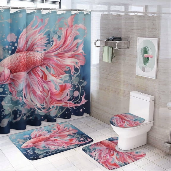 Shower Curtain Sets with Rugs 4 Piece Bathroom Shower Curtain Set with Rugs Pink Goldfish Waterproof Shower Curtain Cute Animals Pets Fish Luck Beautiful Colorful Goldfish for Bathroom Decor Set