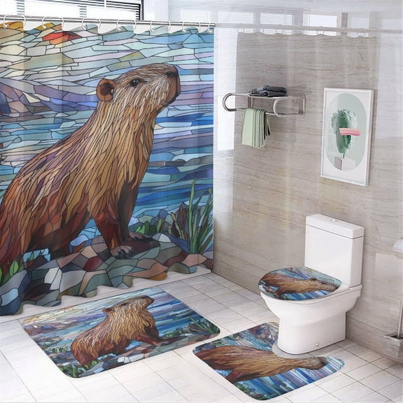 Shower Curtain Sets with Rugs 4 Piece Capybera with Non-Slip Rugs Toilet Lid Cover And Bath Mat Capybara Animals Lovers Shower Curtain with 12 Hooks for Bathroom Decor 72inch X 72inch
