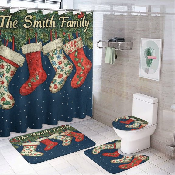 Shower Curtain Sets with Rugs 4 Piece Custom Family Stocking With Names And Year with Rugs Toilet Lid Cover And Bath Mat Stockings Family of 4 12 Hooks for Bathroom Decor Set 72inch X 72inch