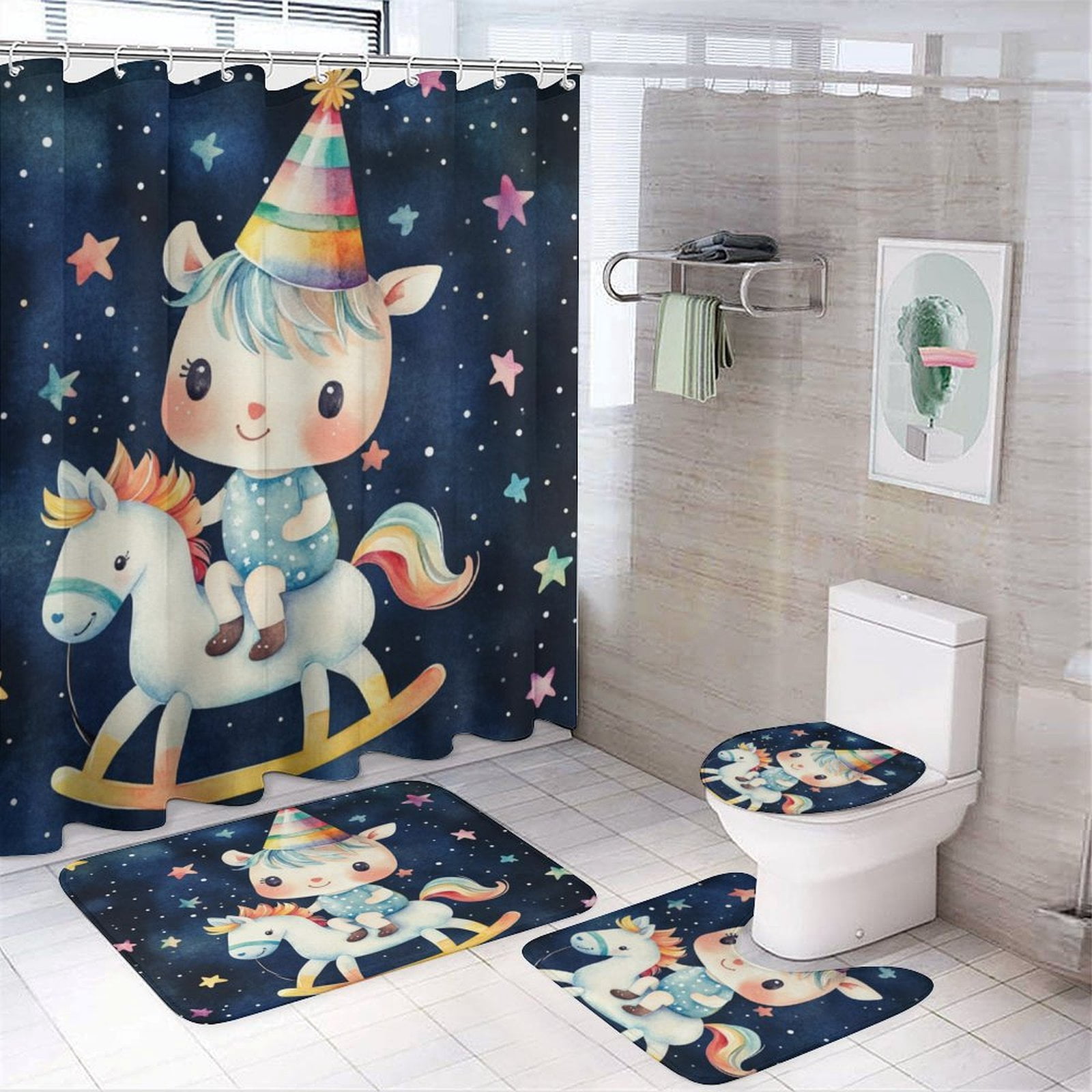 Shower Curtain Sets with Rugs 4 Piece Cute Cartoon Baby Animal Shower ...