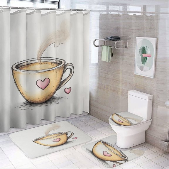 Shower Curtain Sets with Rugs 4 Piece Cute Cartoon Coffee Cup with Non-Slip Rugs Toilet Lid Cover And Bath Mat Bathroom Decor Set Coffee Cup Bathroom Decor Sets for Bathtub Decor 72inch X 72inch