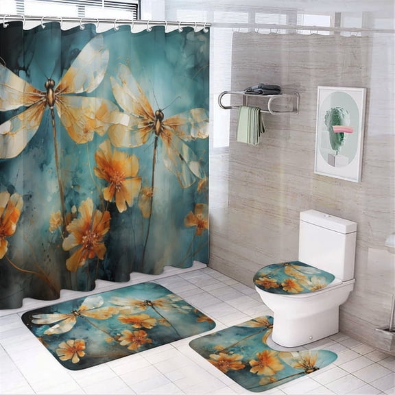 Shower Curtain Sets with Rugs 4 Piece Dragonfly Haze Bath Mat U-Shaped Floor Mat Toilet Lid Oval Rug Retro Insect Dragonflies Flower Bathroom Decor Set with Accessories for Bathroom Decor Set