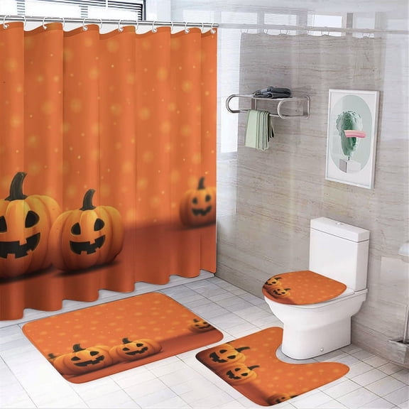 Shower Curtain Sets with Rugs 4 Piece Halloween Pumpkin Non-Slip Rugs And Toilet Mat Lid Rug Accessories Fall Happy Halloween Bathroom Decor Set with Accessories for Bathtub Decor 72inch X 72inch