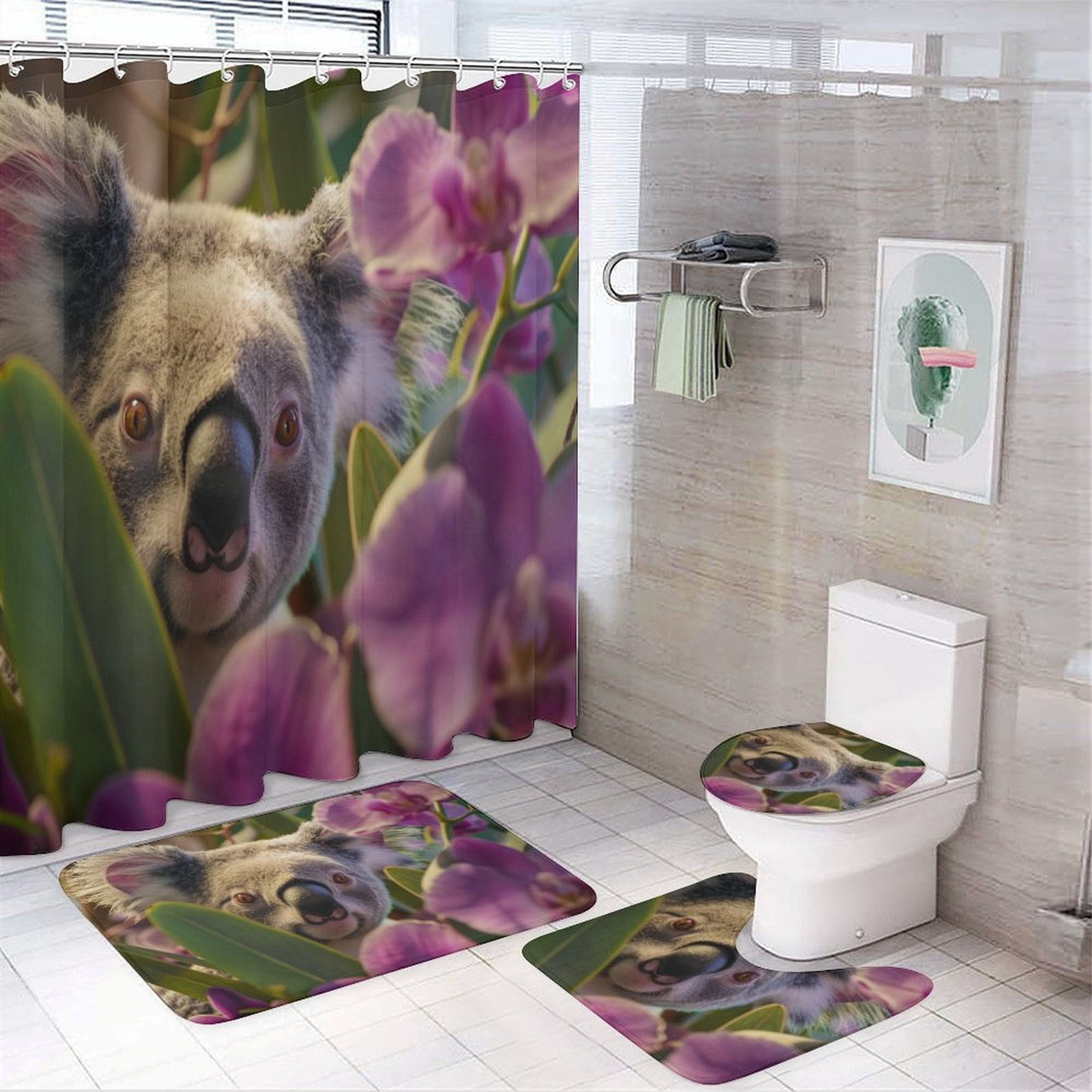 Shower Curtain Sets with Rugs 4 Piece Koala with Purple Orchids with Rugs Toilet Lid Cover And Bath Mat Custom Koala Bear Bathroom Shower Curtains Sets for Bathtub Decor 72inch X 72inch