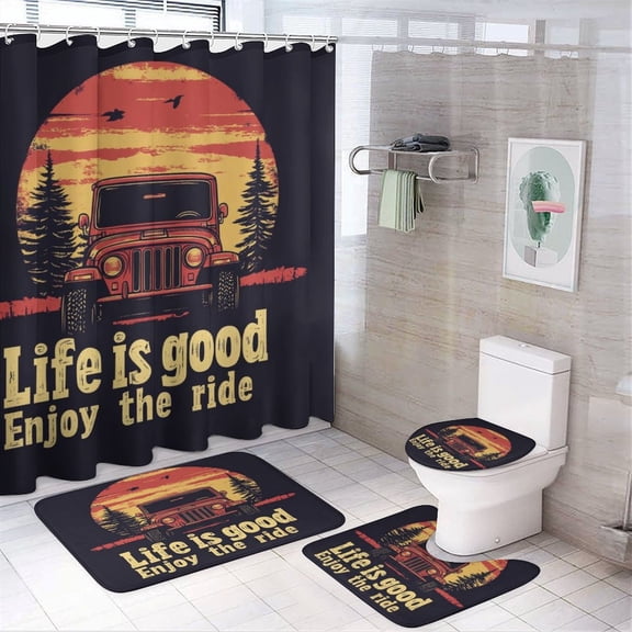Shower Curtain Sets with Rugs 4 Piece Life Is Good Enjoy The Ride Shower Curtain Set with Rugs Pickup Truck Bathroom Accessories Set Decor with 12 Hooks for Bathtub Decor 72inch X 72inch