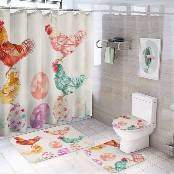Shower Curtain Sets with Rugs 4 Piece with Non-Slip Rugs Toilet Lid Cover And Bath Mat Bathroom Decor Set Chicken And Eggs Waterproof Durable Bathroom Decor Shower Vintage Farm for Bathtub Decor