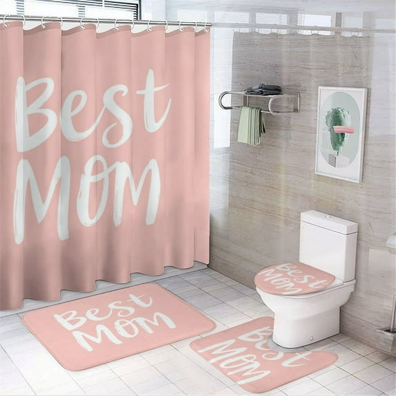 Shower Curtain Sets with Rugs 4 Piece with Non-Slip Rugs Toilet Lid Cover And Bath Mat Best Mom Waterproof Fabric Bath Curtains Gift for Mom for Bathroom Decor