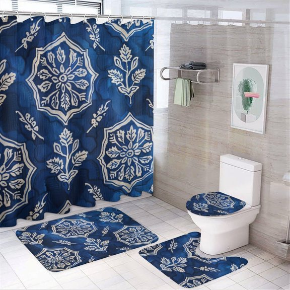 Shower Curtain Sets with Rugs 4 Piece with Non-Slip Rugs Toilet Lid Cover And Bath Mat Blue And White Geometric Flowers Waterproof Personality Pattern Bath Curtain Vintage Bule Flowers