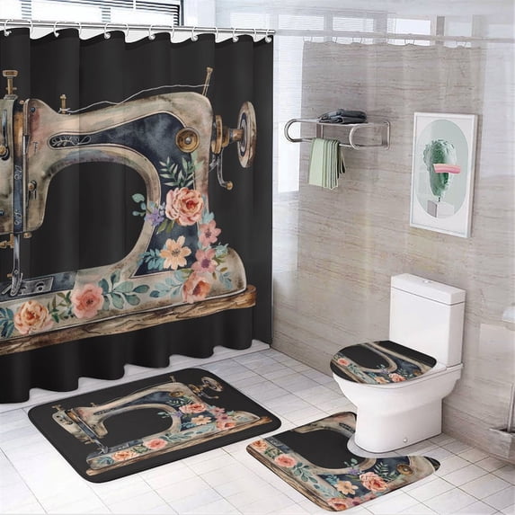 Shower Curtain Sets with Rugs 4 Piece with Non-Slip Rugs Toilet Lid Cover And Bath Mat Vintage Sewing Machine with Purple Flowers Waterproof Fabric Bath Curtain Sewing Gift for Bathroom Decor